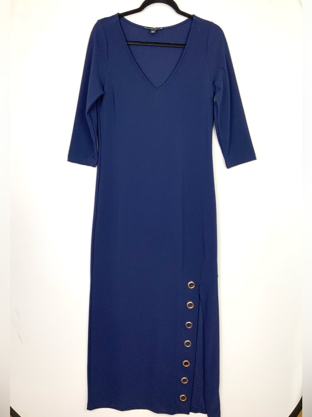 Boston Proper Beyond Travel Small Navy Blue Gold Grommet 3/4 Sleeve Maxi Dress